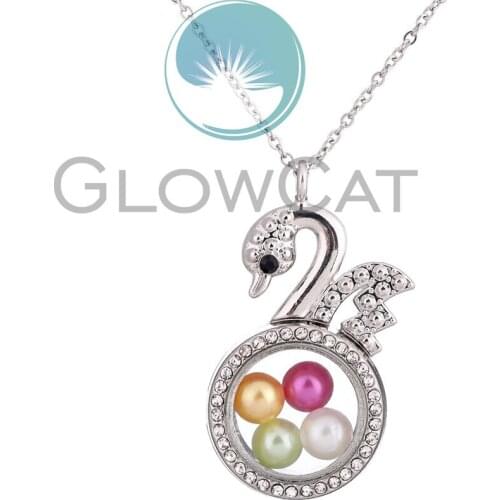 K1517 Silver Swan Magnetic Charm Living Memory Glass Locket Pearl Cage Rhinestone Floating Pendant Necklace