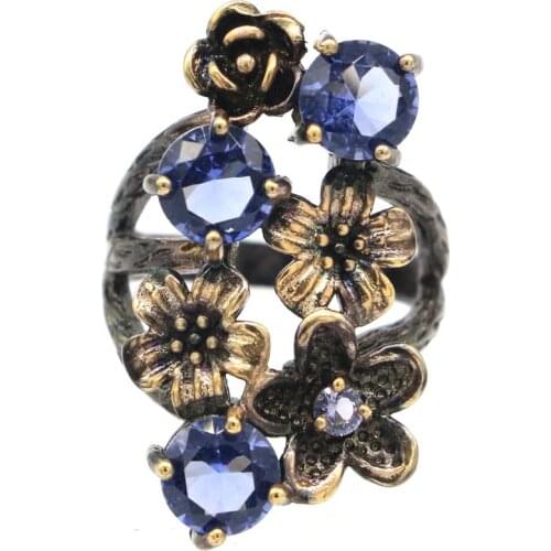 32x18mm Unique Neo-Gothic Flowers Created Iolite Pink Tourmaline Green Peridot Black Gold Silver Ring For Women Rings Daily Wear