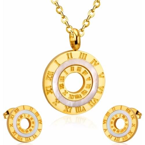 LUXUSTEEL set stainless steel mujer Round Shape Roman Pendant Necklace Earring Brinco collar Wedding Jewelry Sets Party