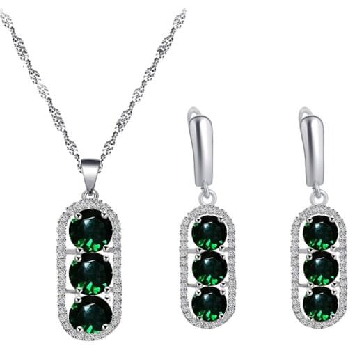 Green Vintage Sterling silver plated Zircon Earrings Necklace Pendant Jewelry Set Send Mom the Best Gift JS850