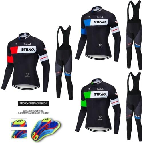New 2020 STRAVA Pro Cycling Jersey Set Long Sleeve Mountain Bike Clothes Wear Men Racing Bicycle Clothing Ropa Maillot Ciclismo