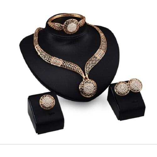 MIQIAO 18K Yellow Gold Diamond Necklace Bracelet Ring Earrings Jewellery Set for Women Fashion Europe Indian Dubai Style Gift