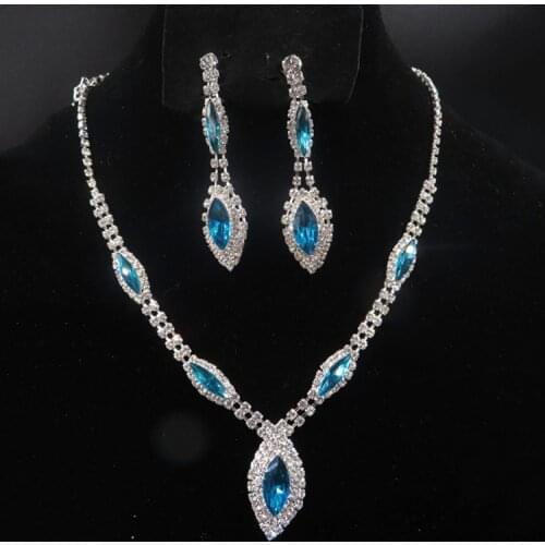 Luxury Female White Blue Crystal Jewelry Set Charm Silver Color Leaf Dangle Earring For Women Cute Zircon Wedding Chain Necklace