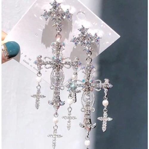 Korean New Trendy Luxury Palace Style Silver Color Crystal Pearl Cross Dangle Earrings For Women Elegant Party Jewelry