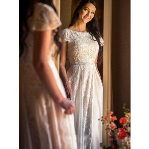 Lace Country Boat Neck Bridal Gowns Chiffon Short Sleeves Beading Beach A Line Custom Made Sweep Train Destination Wedding Dress