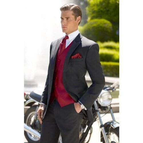 Jacket Pants Black Vest Tie Red Peaked Lapel Three Buttons Fashion Terno Masculino Custome Made Slim Fit Cool Handsome Men Suits