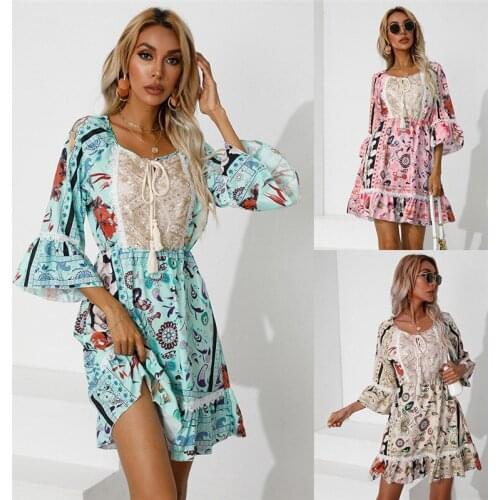 Summer Dress Women Clothing 2021 Print A-Line Dresses Patchwork Sequins Elastic Waist Slim Mini Dress For Woman Vestido De Mujer