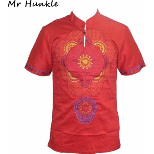Mr Hunkle Emboridery Flower T-shirt Fashion Stand Neck Short Sleeve Mens Shirts Single Button African Style Dashiki T-shirt