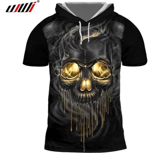 UJWI 3d Hooded Top Mens Summer Cool Print Skull Tshirts Hoodies With Cap Homme Short Sleeve Pullovers Sweatshirt With Drawstring