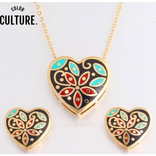 Parure Bijoux Femme Adornment Jewelry Sets for Women Love Shape Women Enamel Charms Jewelry Sets (Necklace, Earring)