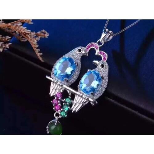 Natural blue topaz gem pendant S925 silver Natural jade Pendant Necklace Joy romantic magpie Love couple women party jewelry