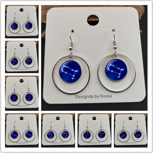 New 12 Zodiac Constellation Earrings Cute Cabochon Earrings Jewelry Scorpio Sagittarius Taurus Virgo Pendant Birthday Gift
