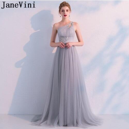 JaneVini Gray Crystal One Shoulder Prom Dresses Elegant Long Tulle Beaded Maid Of Honor Gown Bridesmaid Wedding Party Dress 2018