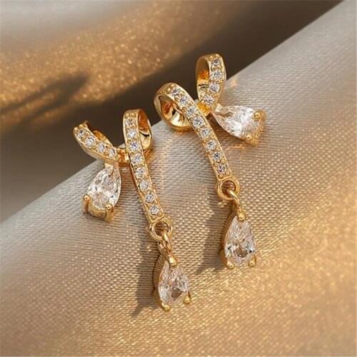 Simple Exquisite Bow Crystal Earrings Korean Style Simple Mini Gold Earrings Fashion Womens Party Jewelry