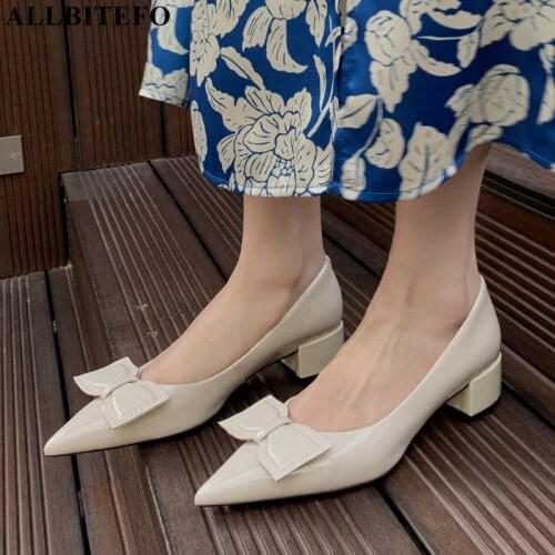 ALLBITEFO Bow Design Pointed Toe Genuine Leather Women Heels Shoes Spring Fashion Sexy Girls Party Wedding High Heel Shoes