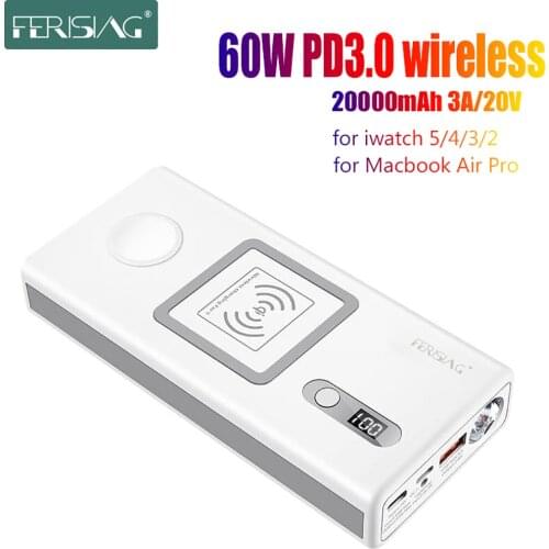 FERISING Wireless PD3.0 60W Fast Charger Power Bank 20000mAh for Apple Watch 5/4/3/2 iPhoneX for iWatch series Macbook Air pro