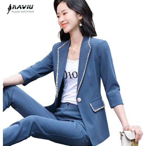 Blue Suits Women Fashion Temperament New Summer Formal High End Half Sleeve Slim Blazer And Pants Office Ladies Work Wear