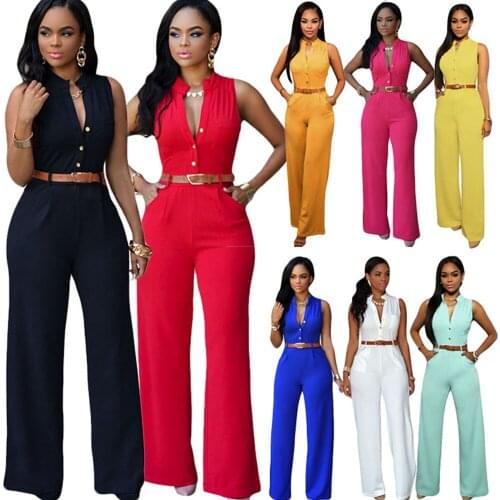 S-6XL Women Fashion Sleeveless Wide Leg Jumpsuit V neck Belted High Waist Cocktail Jumpsuits Loose Pants