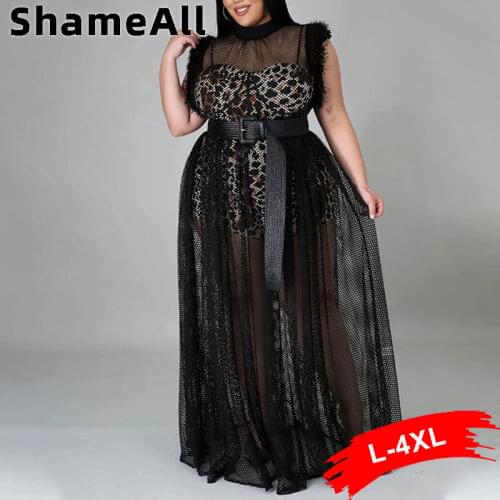 Women Plus Size Sexy Black Sheer Mesh Night Club Dress 4XL Summer Leopard Lining Transparent Party White French Maxi Dresses