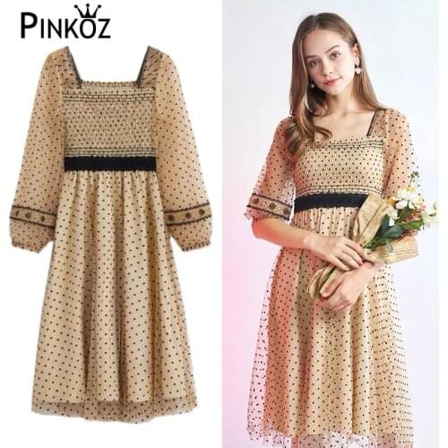 Pinkoz square collar polka dot mesh casual lady midi dress for women high waist elegant women summer dresses vestido de mujer za
