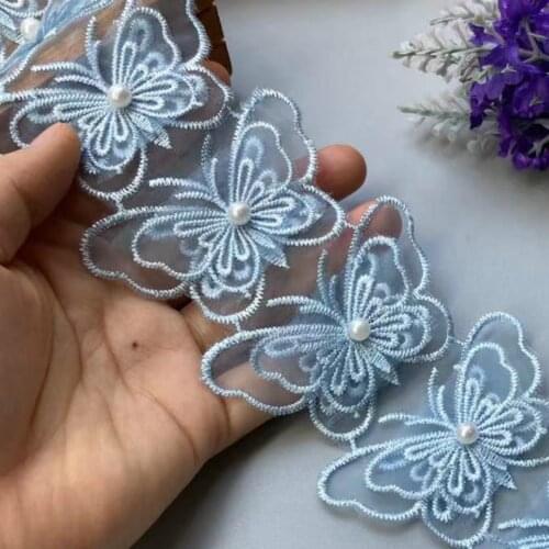 10X 3D Blue Pearl Double Layer Lace Trim Ribbon Mesh Bowknot Embroidered Applique Fabric DIY Wedding Dress Sewing Supplies 7CM