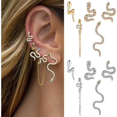 Fashion Classic Crystal Snake shaped Earrings set For Women Girls Rhinestone Animal Stud Ear Jewelry Party Gifts 5 pieces