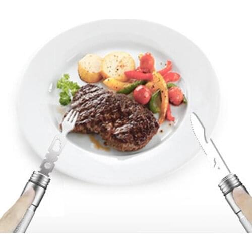 Outdoor Multifunctional Tools Self-defense Stick Opener Survival and Car Tool Tableware Wild Camping Knife Compass Fork Set M2F7