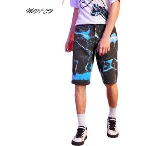 Men Denim Shorts Lightning Printing Knee-length Straight Pants Mid Waisted Fashion Streetwear Young Leisure Jeans Trousers Cool