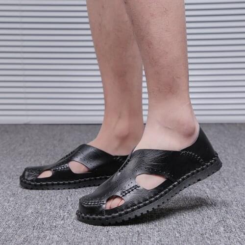 Mens sandals Summer Genuine Leather beach slippers Men Outdoor Casual Lightweight Sandeles for Men Soft Fashion big size 48