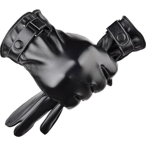 Men Winter Solid Color Faux Leather Gloves Touch Screen Plush Lined Mittens