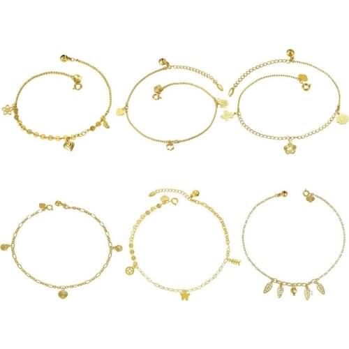 MxGxFam 23.5 cm Hearts Charm Bell Summer Anklet Bracelets For Women 24 k Pure Gold Color Lead and Nickel Free