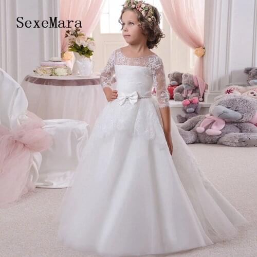 Fancy Flower Baby Girl Dress Child Long White Mesh Ball Gowns Kids Holy Communion Dresses 1-14 Year Old