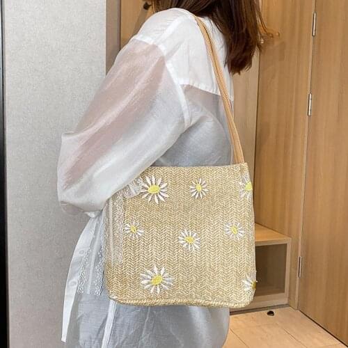 Woven Bags Womens Fashion Scarves Woven Shoulder Bag Daisy Floral Handbag Beach Bag Crossbody Bags