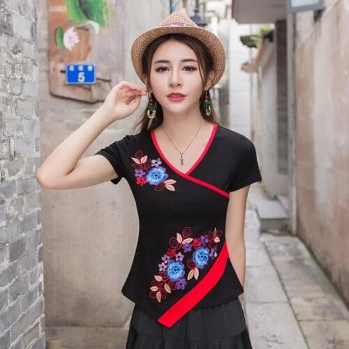 Plus Size T Shirt Women Cotton Basic Tshirt Vintage Ethnic Embroidery Short Sleeve Tea Blouses 2021 Ladies Chinese Tops 12309