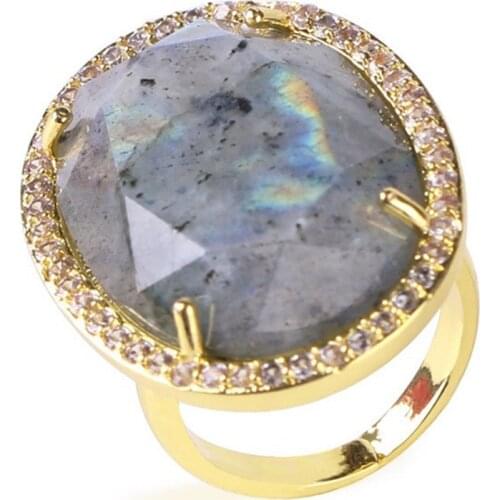 New Style 6pcs/lot Natural Stone Spectrolite Opening Adjustable Ring Gold Plated CZ Zircon Rhinestone Rings for Women Men Rings