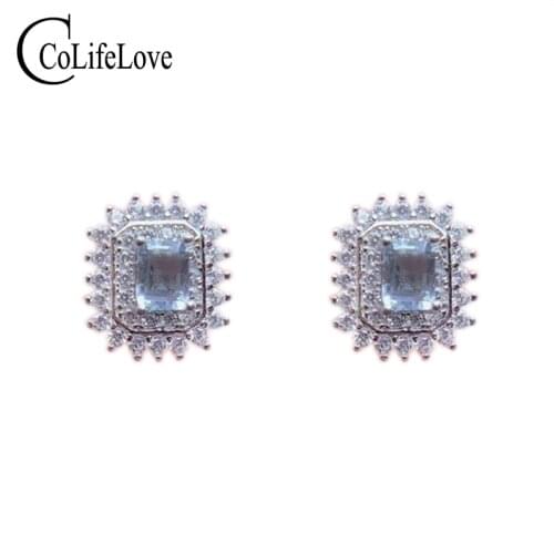 CoLife Jewelry Natural Aquamarine Earrings for Office 3*5mm Emerald Cut Aquamarine Stud Earrings 925 Silver Aquamarine Jewelry