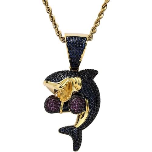 Rhinestone Men Necklace Ice Out Cubic Zircon Hip Hop Animals Shark Pendant Gold Silver ColorCharm Chain Jewelry