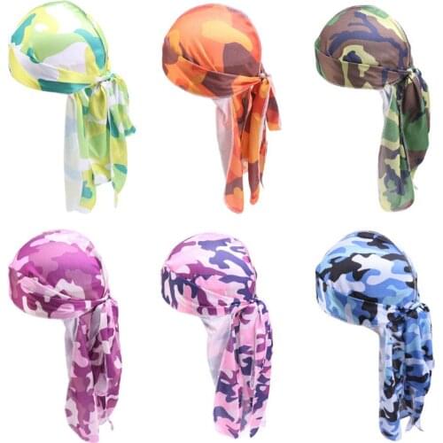 Unisex Imitation Silk Durag Pirate Cap Contrast Color Camouflage Bandana Turban Hat Long Tail Cycling Beanie Headwrap