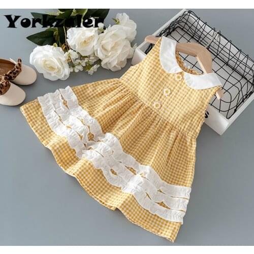 2-6 Y Vintage Kids Baby Girls Dress Shirts 2020 New Fashion Loose Plaid Summer Dresses O-neck Princess Dress Yellow Color