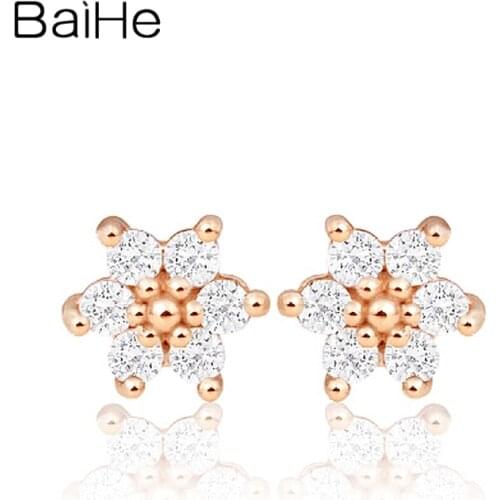 BAIHE Solid 18K White/Yellow/Rose Gold 0.07ct Natural Diamonds Wedding Gift Flower Stud Earrings Women Cережки серьги 2020 тренд