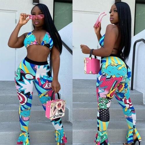 Hipster 2021 Summer Women Set Pattern Print Halter Backless Bra Tops and Long Flare Bell Bottom Pant Two Piece Matching Outfits