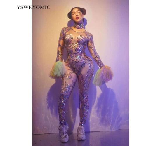 Dance Costume Flashing Colorful Sequins Spandex Jumpsuit Women Dancer show Leggings Birthday Prom Costume Singer Outfit For Lady