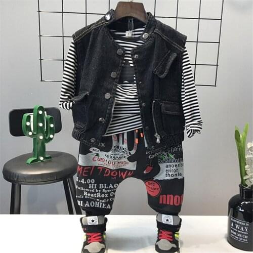 2-6 Years Boys Tracksuit Denim Vest Jacket Striped Long Sleeve Shirt Casual Print Pants Boys Clothing Sets Autumn New Arrival