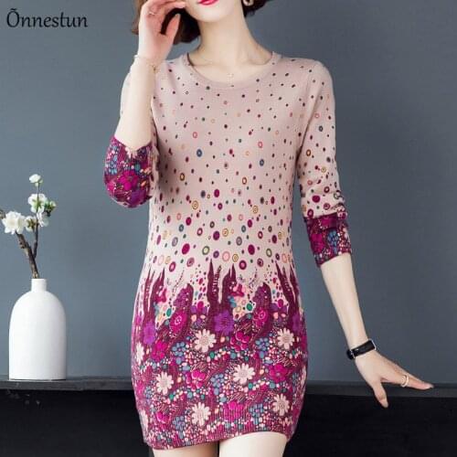 Lovely Print Long Sweaters Dress Autumn Womens Clothing Long Sleeve Top Femme Pullover Plus Size Elasticity Soft Sweater Women