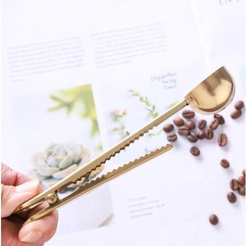 Gold Stainless Steel Coffee Scoop Multi-functional Bag Sealing Clip Ground Coffee Spoon Drinkware Tools LX1563