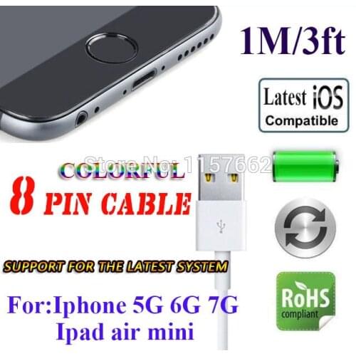 100pcs/lot 8pin Data Sync Adapter Charger USB Cable for Phone X 8 5g 6g 7 IPod Touch for Pad Perfect Fit for IOS 9 10