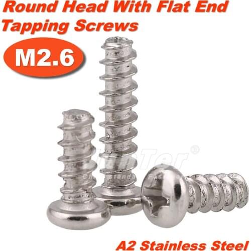 100pcs/lot M2.6(2.6mm) Stainless Steel A2 Cross Recessed Round Head Tapping Screws With Flat End Q272