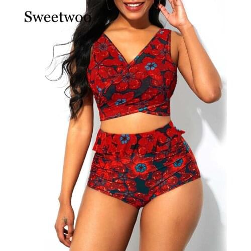 2020 Summer Swimwear Plus Size Two Piece Bikini Set Low Cut Bathing Suit Floral Print Tankini Plus Size Women Ruffle Swimsuit