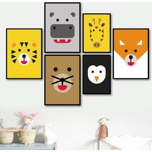 Abstract Cute Tiger Giraffe Hippo Penguin Bear Nordic Posters And Prints Wall Art Canvas Painting Pictures Baby Kids Room Decor