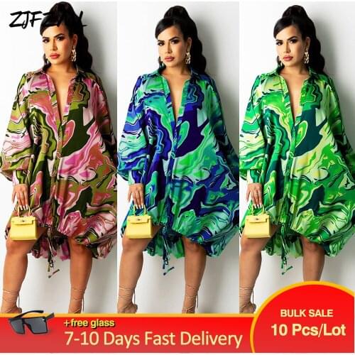 Bulk Items Wholesale Lots Womens Midi Dresses Sexy Paisley Tie Dye Print Buttons Up Loose Dress Early Autumn Long Sleeve Robe
